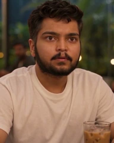 Deep at the café table, watching the news break, an iced coffee in front of him.
