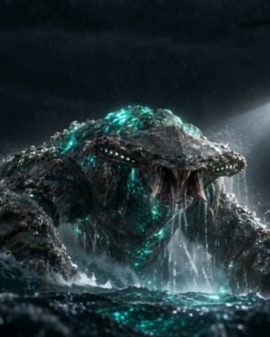 The Glowback rising out of the sea, teal lights glowing along its back.