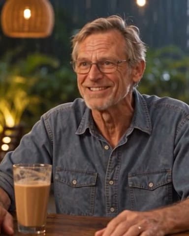 Otto, a grey-haired man in glasses, laughing at a café table.