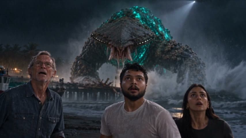 Otto, Deep and Nora looking up at the Glowback towering over the beach.
