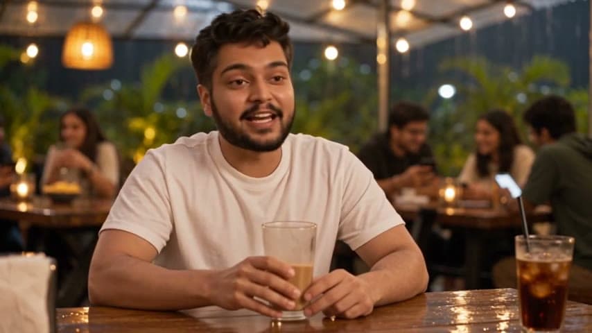 Deep smiling at a café table under string lights.