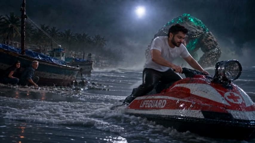 Deep riding a lifeguard jet ski through the surf toward the Glowback.