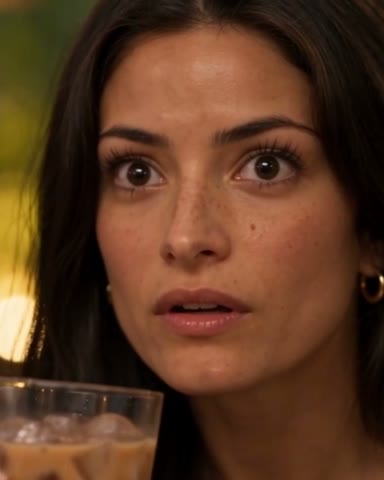 Nora, a woman with long black hair, stares at the news in a café, a glass of iced coffee at her lips.