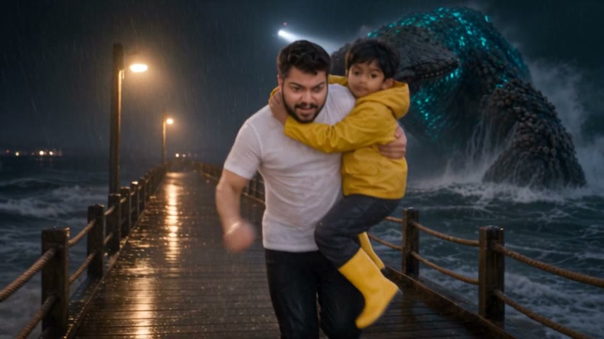 Deep carrying a boy in a yellow raincoat down a wet jetty at night, the glowing kaiju looming behind them.