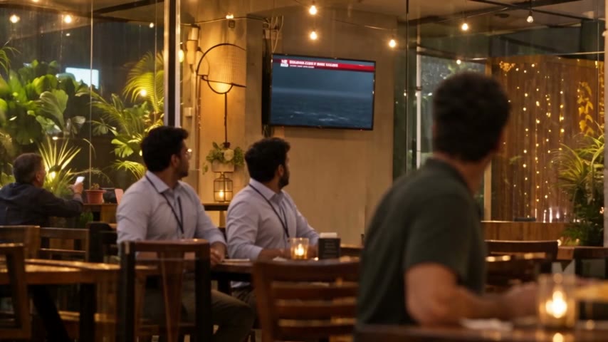Men in a warmly lit café turn toward a television showing a stormy sea, while a man in the foreground watches from his table.