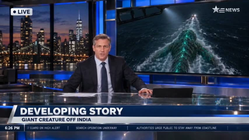 A news anchor at a studio desk reports a developing story while a screen behind him shows a glowing creature swimming through dark sea.