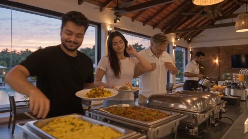 Deep, Nora and Otto at a hotel breakfast buffet, Deep holding a plate.