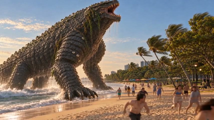 The Burrower, a giant clawed kaiju, walks up a Singapore beach at sunset while people run from it.