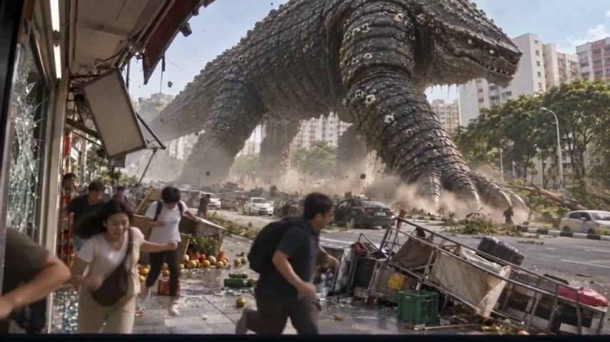 A giant creature looms over a street café as people flee.