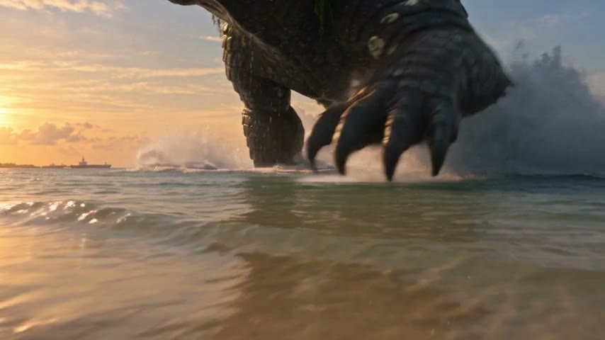 The Burrower, a huge kaiju, drives a giant claw into the surf at sunset.