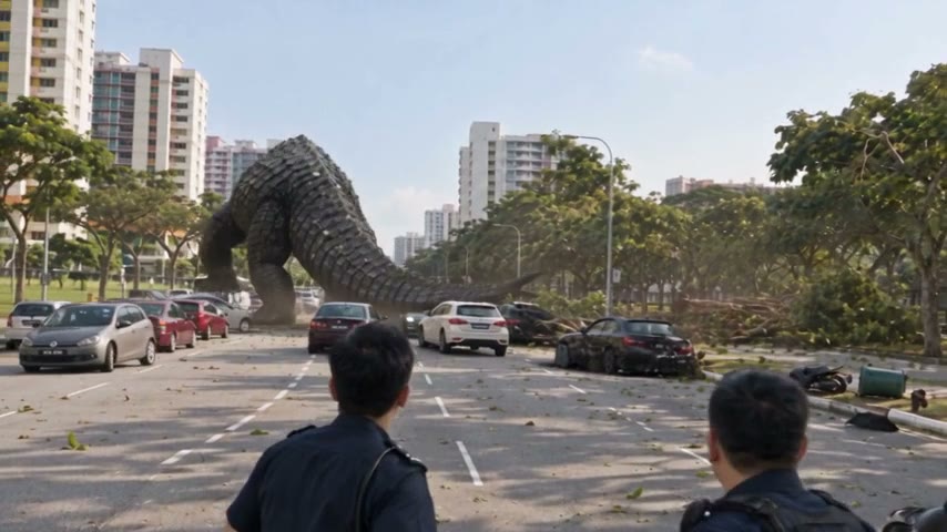 The Burrower walks down a city street between high-rises, cars parked below it.