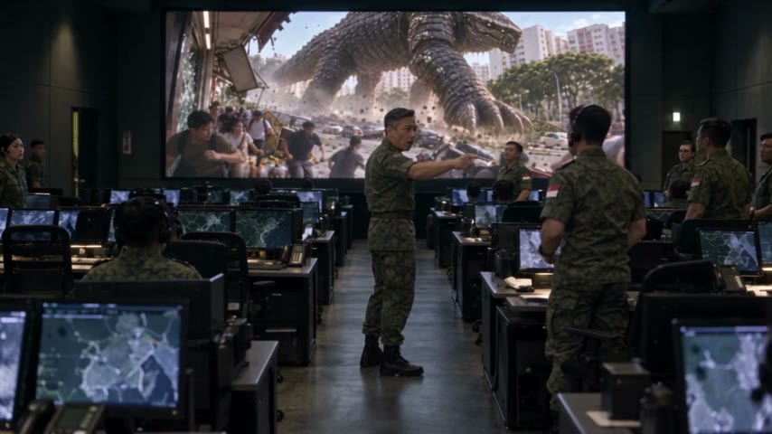 A Singapore police command room, officers at rows of screens and the giant creature on the big screen.