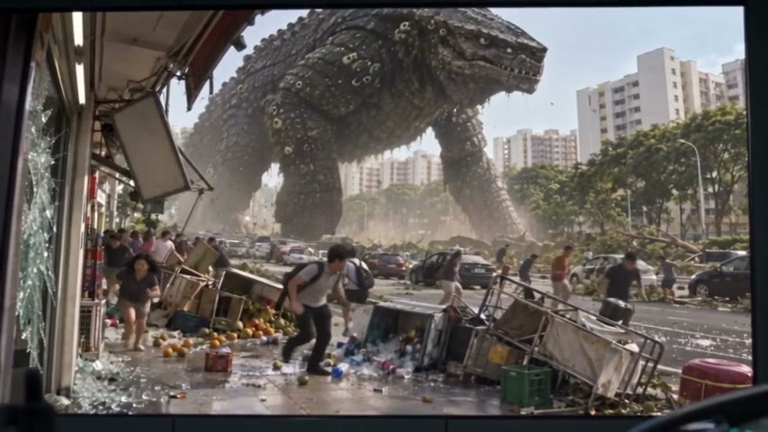 A giant creature stands beyond a wrecked market, stalls overturned in the street.