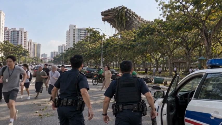 Two police officers run past their open patrol car as people flee down a tree-lined street, with a huge vine-covered creature rising above the trees.