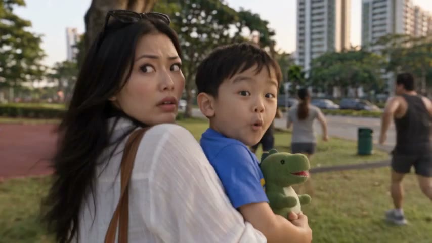 A frightened young mother carries her small son, who clutches a green toy dinosaur, through a park as people run past.
