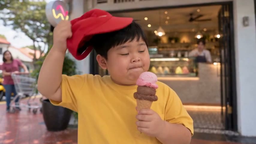 A small boy in a yellow T-shirt lifts his red cap and licks a two-scoop ice cream cone outside an ice cream parlour.