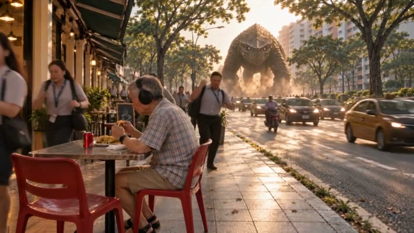 A man in headphones eats at an outdoor café table on a wide palm-lined boulevard while a giant creature looms in the haze down the road.