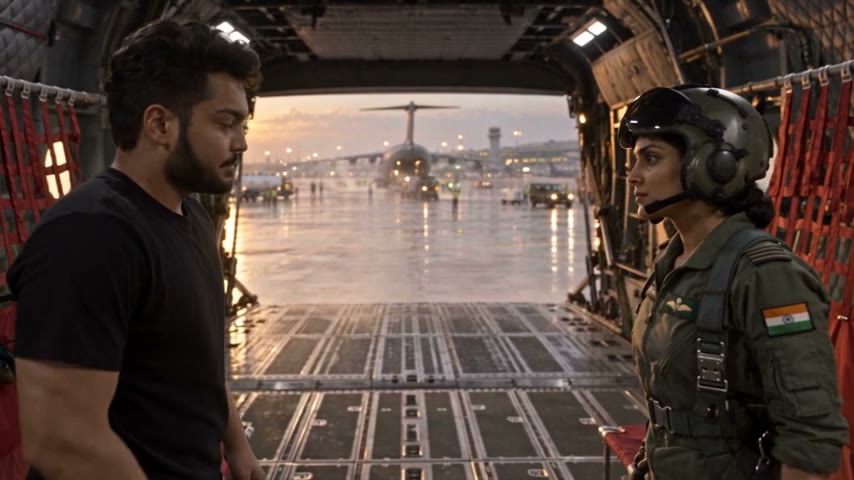 Deep, in a black T-shirt, faces a pilot in a helmet and olive flight suit inside the open cargo hold of a transport plane, a wet airfield glowing at sunset behind them.