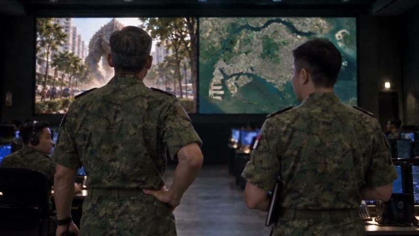 Singapore army officers stand before a wall map in an operations room, a giant creature on a screen beside it.