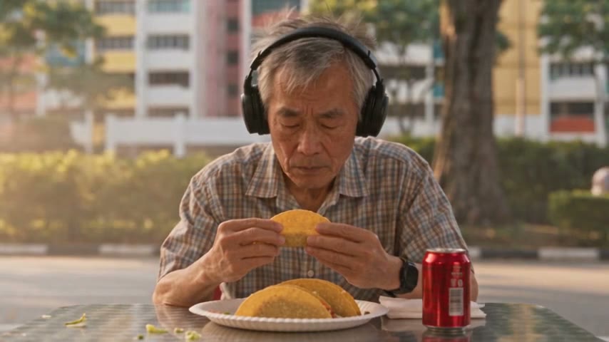 An old man in big headphones eats a taco at an outdoor table in the morning sun, a can of cola beside his plate.